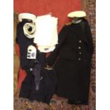 A Royal Canadian Navy Gieves great coat c1950, (Captain), cap, seven Gieves collarless shirts and