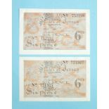 Two States of Jersey German Occupation 6d bank notes, serial numbers: JN721927, JN752298, thick