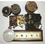 A collection of approximately 140 trout and salmon flies, a JW Young Pridex 3'' trout reel and other