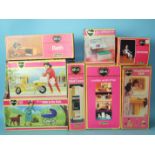 Thirteen boxed Pedigree Sindy accessories: Motorcycle, 'Walk in the Park', Wardrobe, Wash Basin