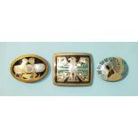 A Johnson & Held Ltd white metal and enamel oval belt buckle set with turquoise and red stones, with