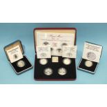 A Royal Mint 1984-1987 United Kingdom £1 Silver Proof Collection and two silver proof £1 coins, 1983