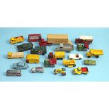 A collection of unboxed small diecasts, including Matchbox MB19 MG Midget, MoY Y7 W&R Jacobs Van and