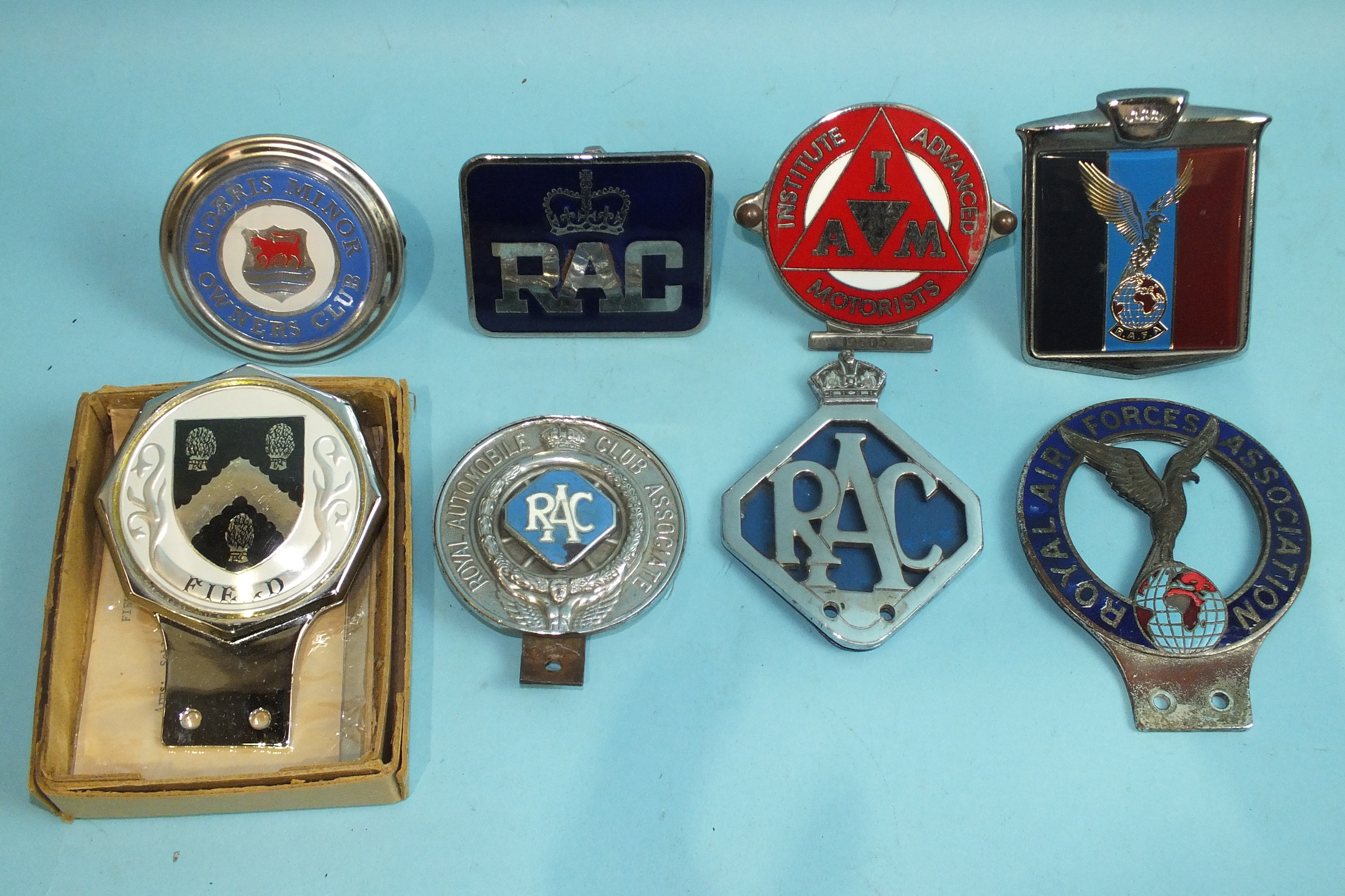 Two Royal Air Forces Association car badges, three various RAC car badges and three other car