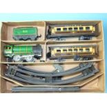 A British-made tinplate O gauge train set comprising 0-4-0 c/w locomotive no.490, (a/f), tender no.