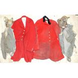 Two fox masks, two hunting pink jackets and four waistcoats, (8).