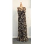 Five 1930's/1940's evening dresses including a black and white printed silk chiffon dress with black