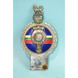 A vintage Royal Marines enamel and chrome car badge, stamped J R Gaunt, London.