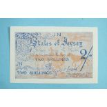 A States of Jersey German Occupation 2/- bank note, JN, no serial number, reverse blue cart and