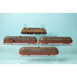 Rivarossi HO gauge, HR2233 E428.241 twin-pantograph and an unnamed three-rail car set, (re-painted),