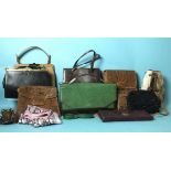 Ten various handbags: an unnamed green leather and snake skin bag, handbags by Ackery, Bally and