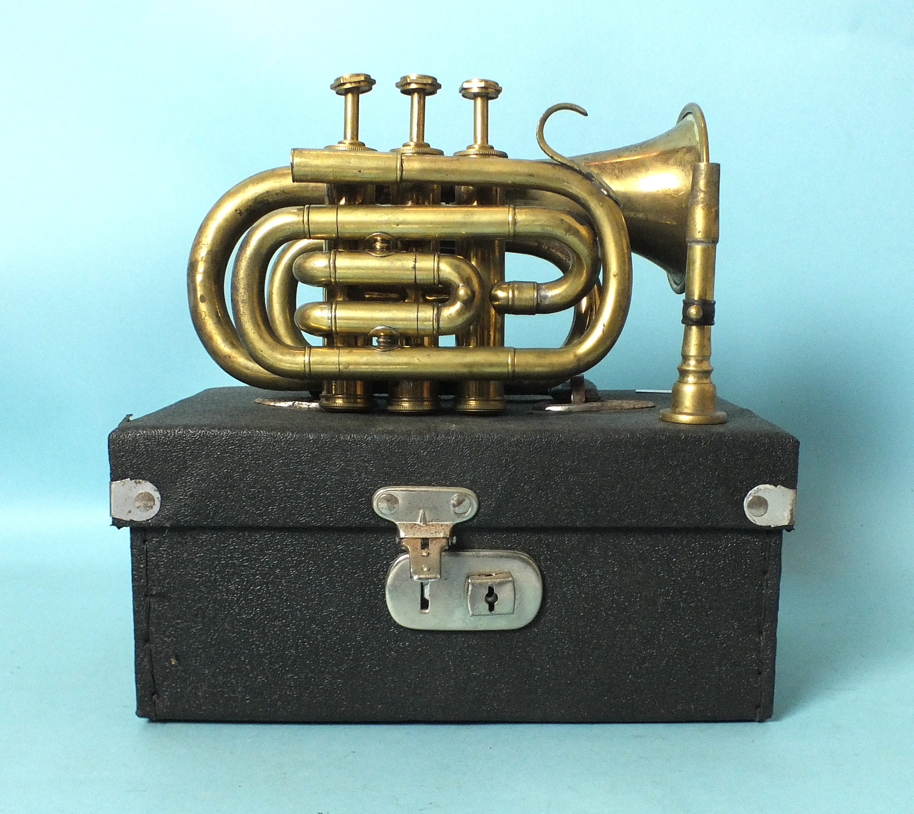 A pocket trumpet by Boosey, "Heley" no.94059, in case.