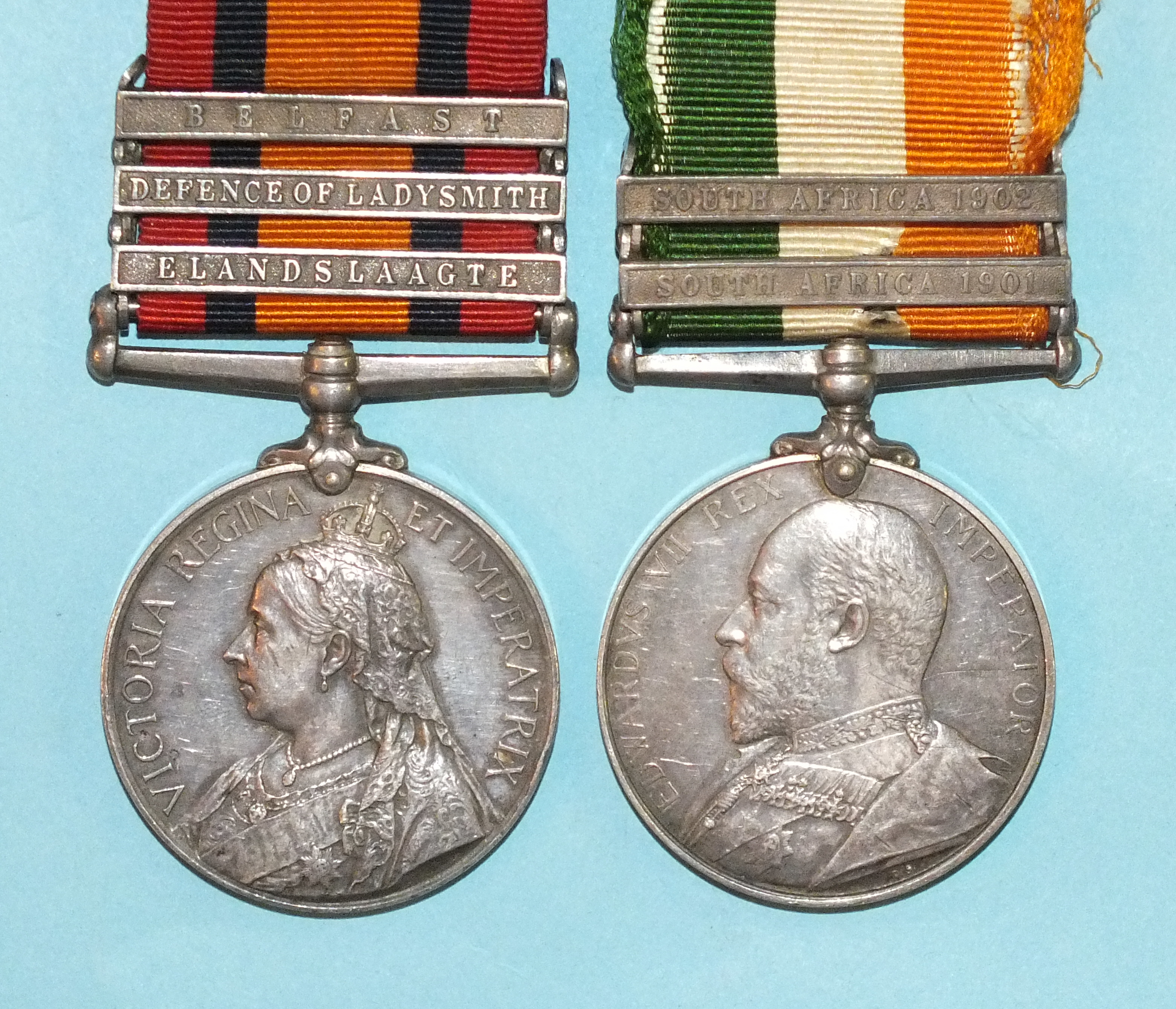 Boer War Campaign pair, Devon Regiment: Queens South Africa Medal with three clasps, Belfast,