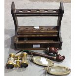 A wooden pipe stand, 24.5cm wide, 20cm high, a pair of Lemaire F1, Paris, opera glasses and other