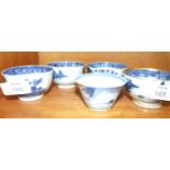 Five blue and white Chinese tea bowls.