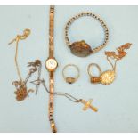 A 9ct-gold-cased wrist watch on plated bracelet, a 9ct gold ring set citrine, a 9ct gold blue and