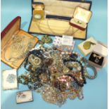 A quantity of costume jewellery, with an inlaid wood jewellery box.