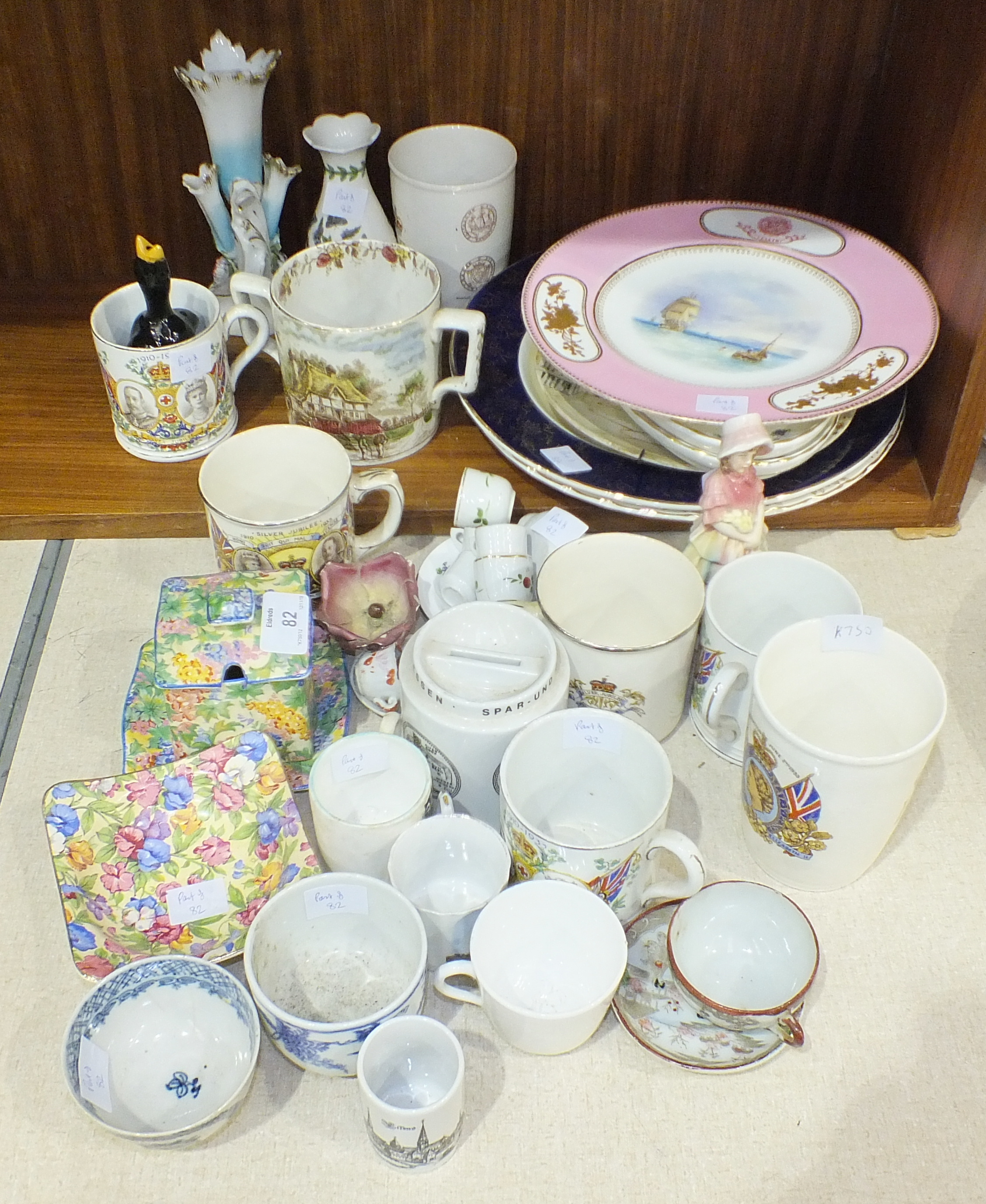 Various commemorative mugs, a Royal Winton 'Somerset' preserve jar and other ceramics.