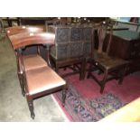 Three Georgian country-made mahogany dining chairs with solid seats, two mahogany dining chairs