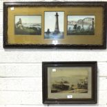 Three coloured photographic prints: 'Plymouth', 'Eddystone Lighthouse' and 'Saltash Bridge',