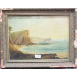 Unsigned, 'Figures with beached rowing boat in a cove, with sailing boat in the distance', oil on