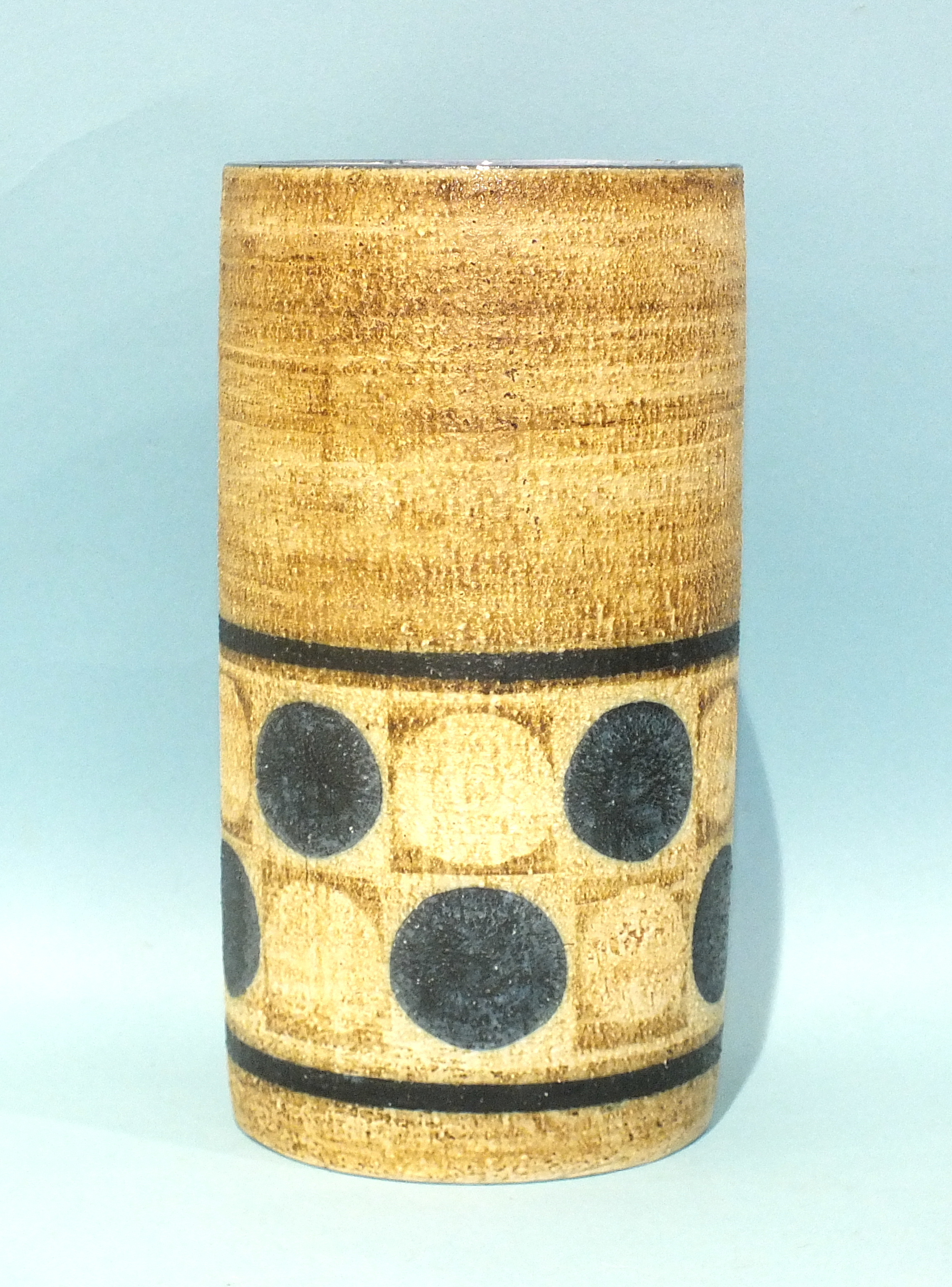 A late-1960's/early-1970's Troika cylinder-shaped vase with geometric pattern, signed and initialled