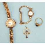 A lady's 9ct-gold-cased wrist watch on gold sprung bracelet, another gold-cased wrist watch on