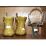 A pair of SylvaC brown-glazed jugs with heron-form handles and a Murano-style speckled glass basket,