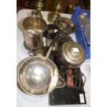 A 19th century plated sieving bowl with turned wood handle, a pair of brass candlesticks and other