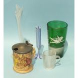 A small green glass Mary Gregory-style beaker, a small Stourbridge glass phial, a novelty blown