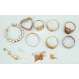 A quantity of 9ct gold rings, earrings, etc, 16.6g.