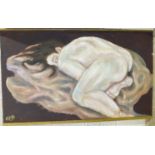 C.P.B, contemporary, 'Nude figure on a bed', oil on block board, 60 x 100cm and three modern