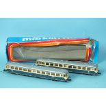 Märklin HO gauge, two 3028 DB blue/cream rail cars, with one box, (2).