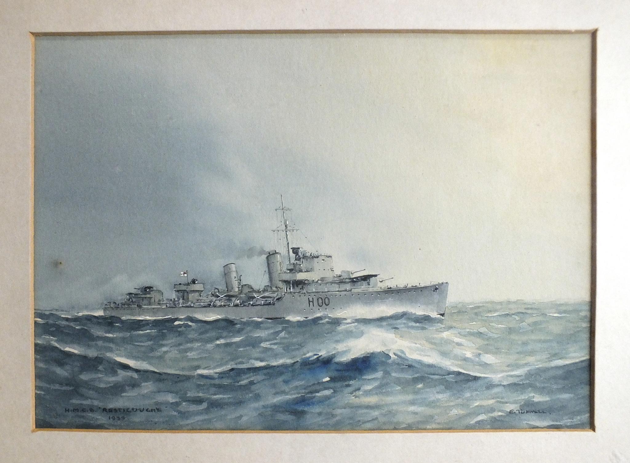 •Cdr Eric Erskine Campbell Tufnell RN (1888-1973) HMCS RESTIGOUCHE 1939 Watercolour, signed and