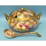 A Dunheved bone china soup tureen with lid and ladle, painted with fruit and signed D Wilson, 30cm