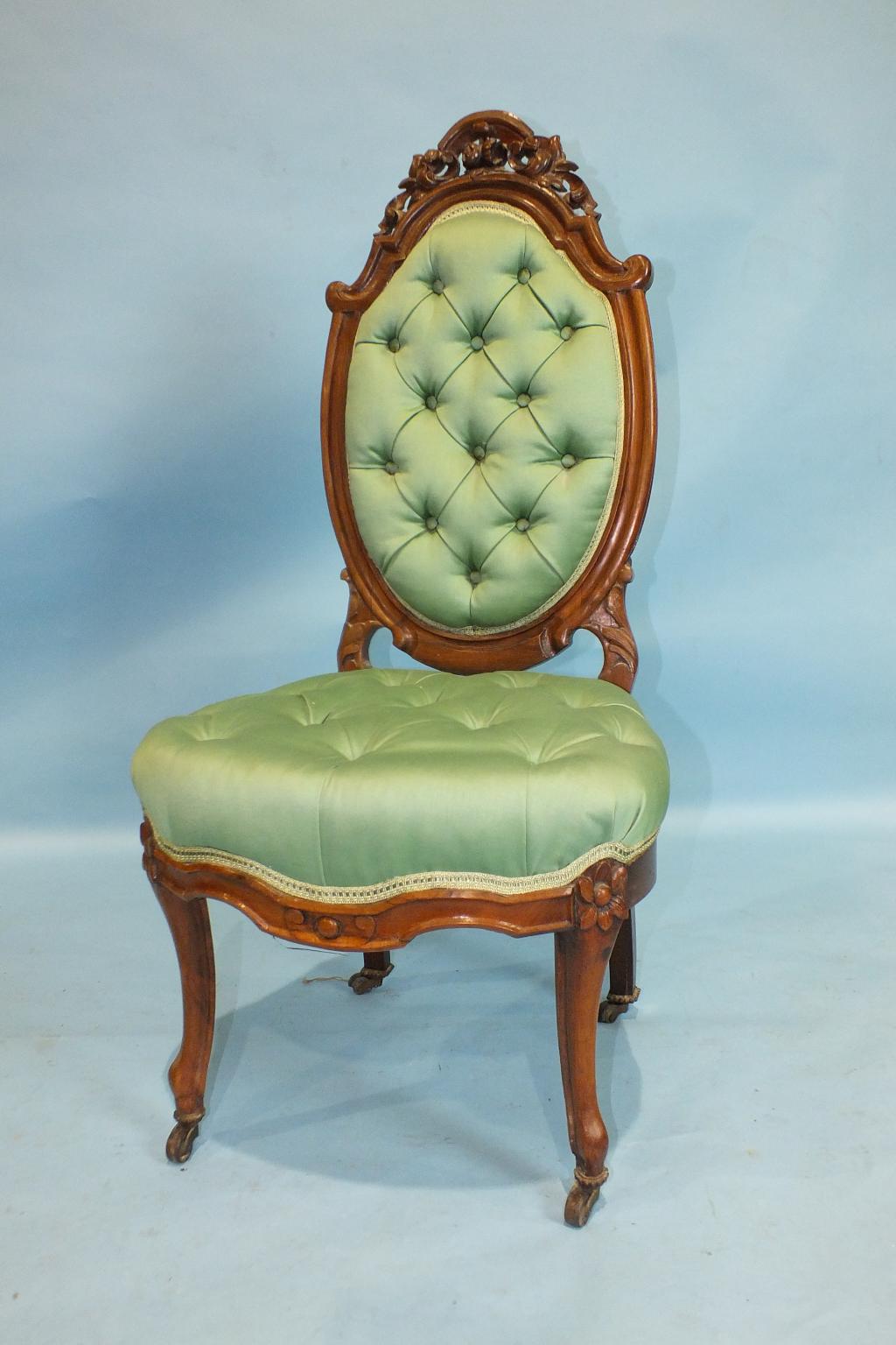 A Victorian rosewood nursing chair with pierced and carved frame, button back and seat and two - Image 2 of 2