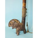 A South Sudanese Shilluk zoomorphic tobacco pipe, the pottery pipe modelled as a hyena, with wood