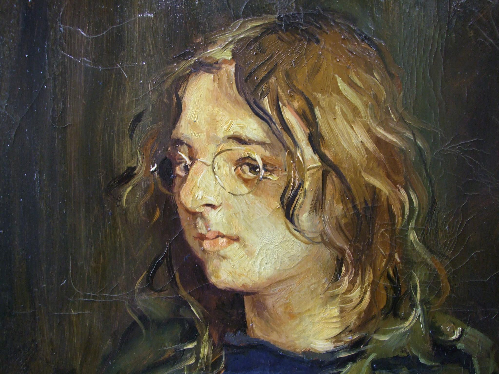 •R O Lenkiewicz (1941-2002) STUDY OF A YOUNG MAN WEARING GLASSES AND A GREEN JACKET Unsigned oil - Image 2 of 3