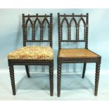 A harlequin set of ten Gothic-style ebonised bobbin-turned dining chairs with pierced Gothic arch