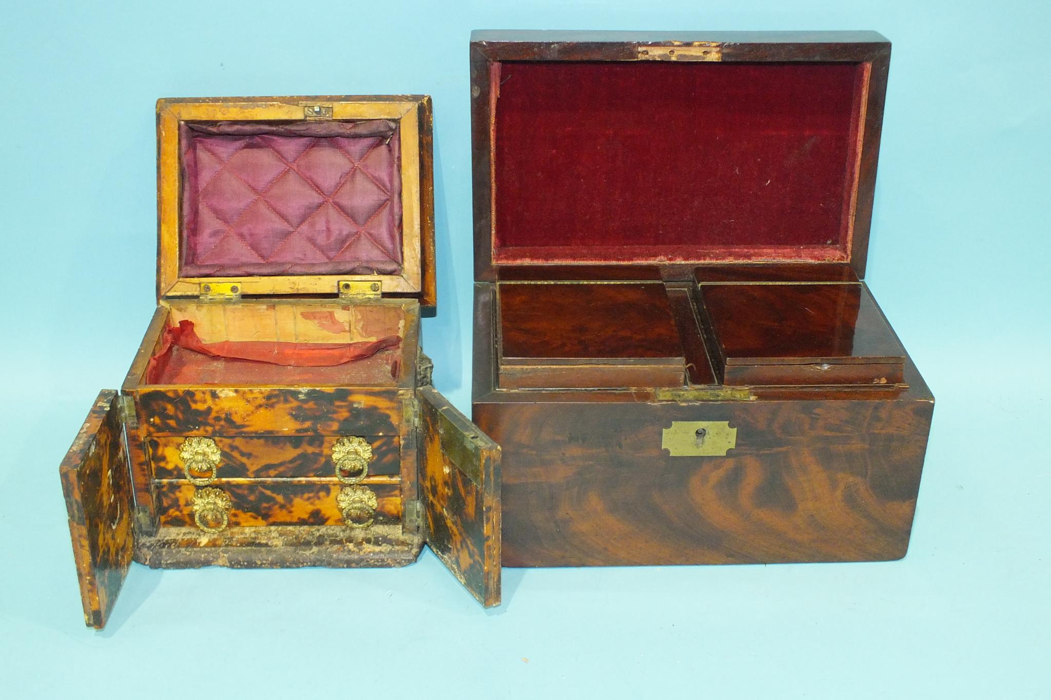 An early-19th century mahogany rectangular two-division tea caddy, the hinged lid revealing a pair - Image 2 of 2