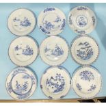 Nine 18th century Chinese porcelain blue and white plates, (mostly cracked, two without cracks),