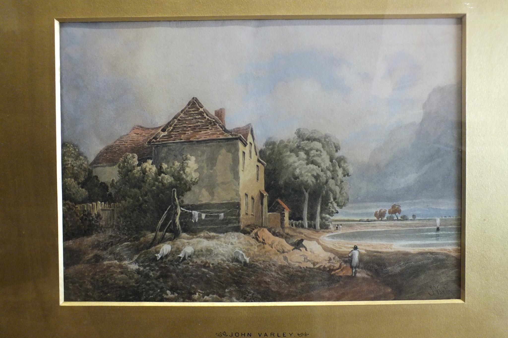 John Varley (1778-1842) COTTAGE BESIDE WATER EDGE WITH SHEEP GRAZING AND FIGURE IN FOREGROUND Signed