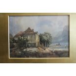 John Varley (1778-1842) COTTAGE BESIDE WATER EDGE WITH SHEEP GRAZING AND FIGURE IN FOREGROUND Signed