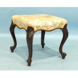 A Victorian walnut stool with carved cabriole legs, 46cm wide, 46cm high.