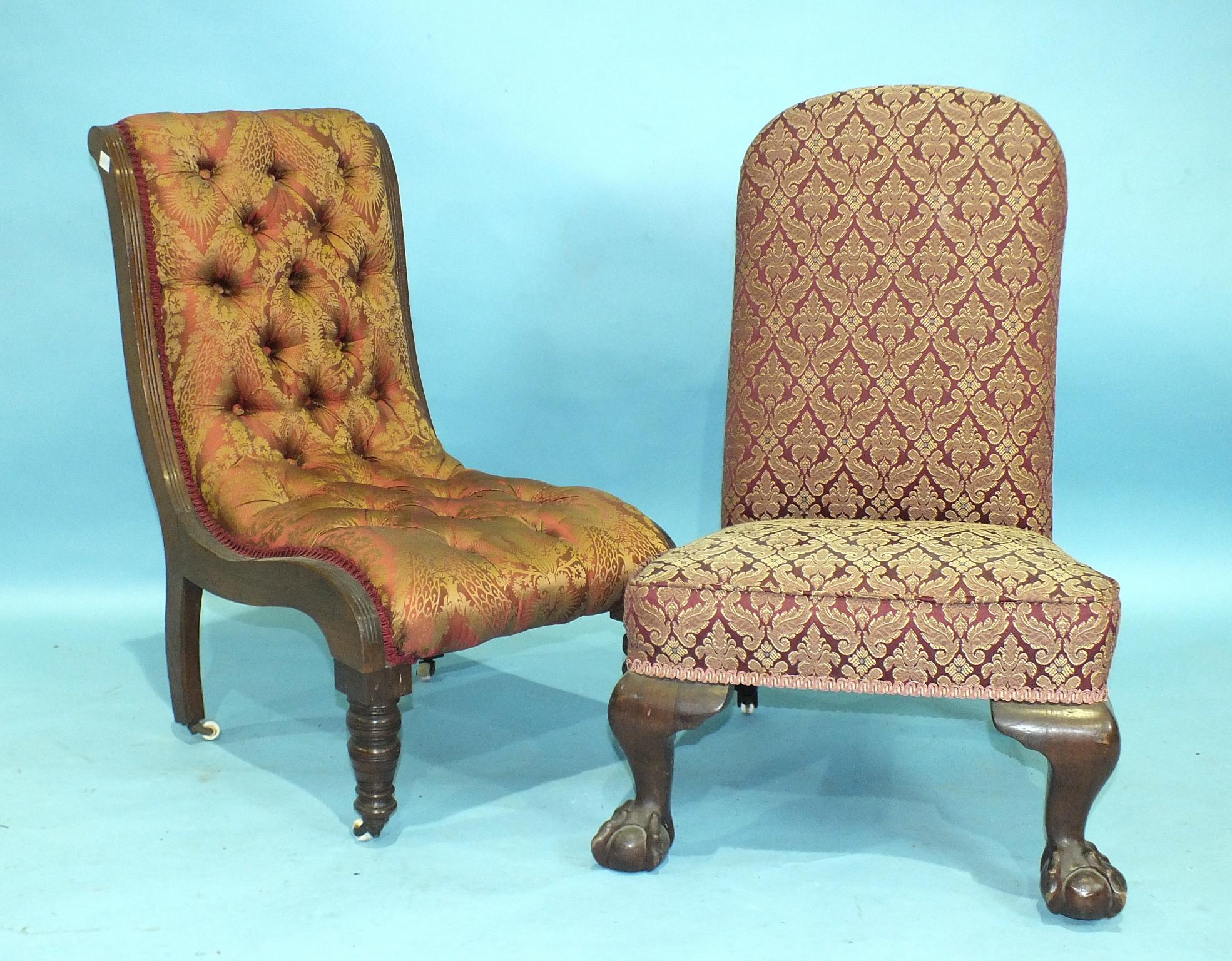 Two Victorian mahogany and upholstered nursing chairs, (2).