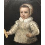 16th century English School PORTRAIT OF A CHILD IN PERIOD CLOTHES AND CAP HOLDING A RUSK Unsigned