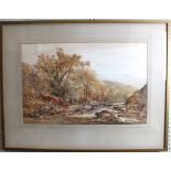 William Widgery (1826-1893) FIGURE DRIVING CATTLE ON A RIVERSIDE TRACK Signed watercolour, 34 x