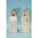 A pair of Chinese carved stone seals, each surmounted by a qilin and young, with characters,