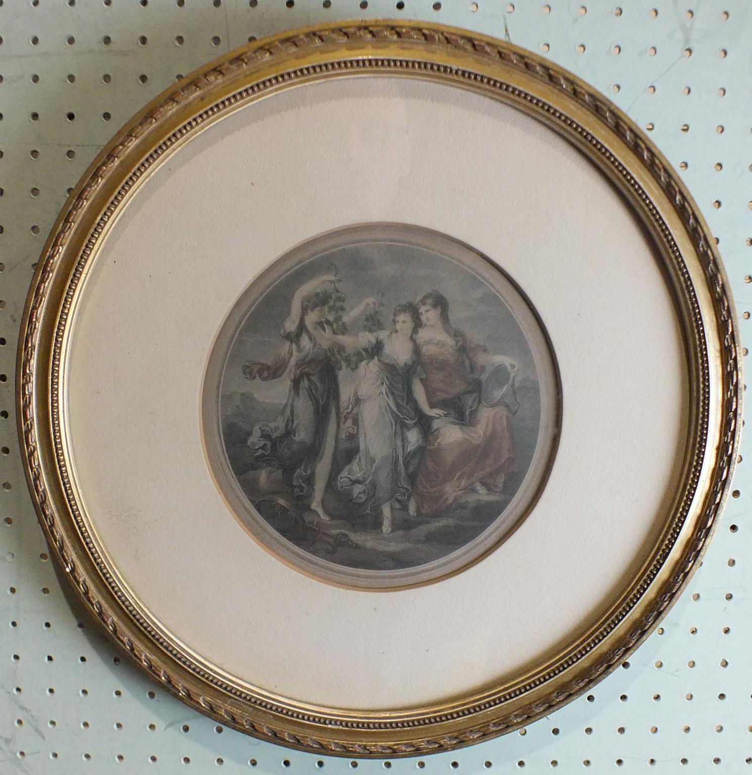 After Angelica Kauffmann, a pair of circular coloured Bartolozzi-style engravings in circular gilt - Image 2 of 2