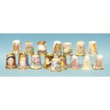 A collection of fifteen Dunheved bone china thimbles, including George IV, Henry VIII, Queen
